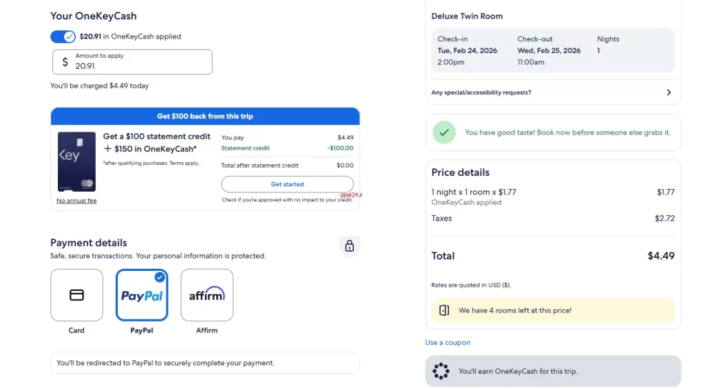 صفحه پرداخت Expedia با فعال بودن گزینه PayPal